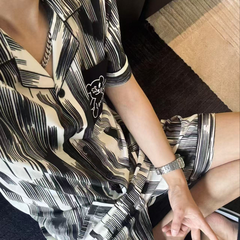 Summer Lightweight Ink Stripe Cardigan Short-Sleeved Shorts Comfortable and Breathable Couple's Pajama Set Jj-96087