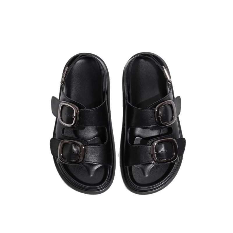 Trendy sur sandalias negras de suela gruesa para mujer verano nuevo estilo de moda deportes de todo fósforo botonadura de una palabra sandalias romanas planas y pantuflas