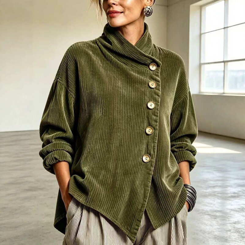 26 Cross-border European and American autumn/winter new collection: women's corduroy jacket with an irregular, loose fit, dropped shoulders, and diagonal button closure, available in multiple colors for wholesale 26 Cross-border European and American autumn/winter new collection: women's corduroy jacket with an irregular, loose fit, dropped shoulders, and diagonal button closure, available in multiple colors for wholesale