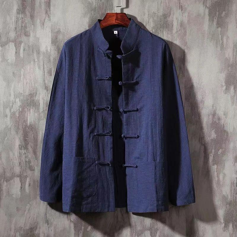 Primavera y otoño algodón y lino traje Tang top de manga larga para hombre traje de padre de mediana edad y anciano traje de Tai Chi chino camisa de fondo estilo chino retro chino image 10