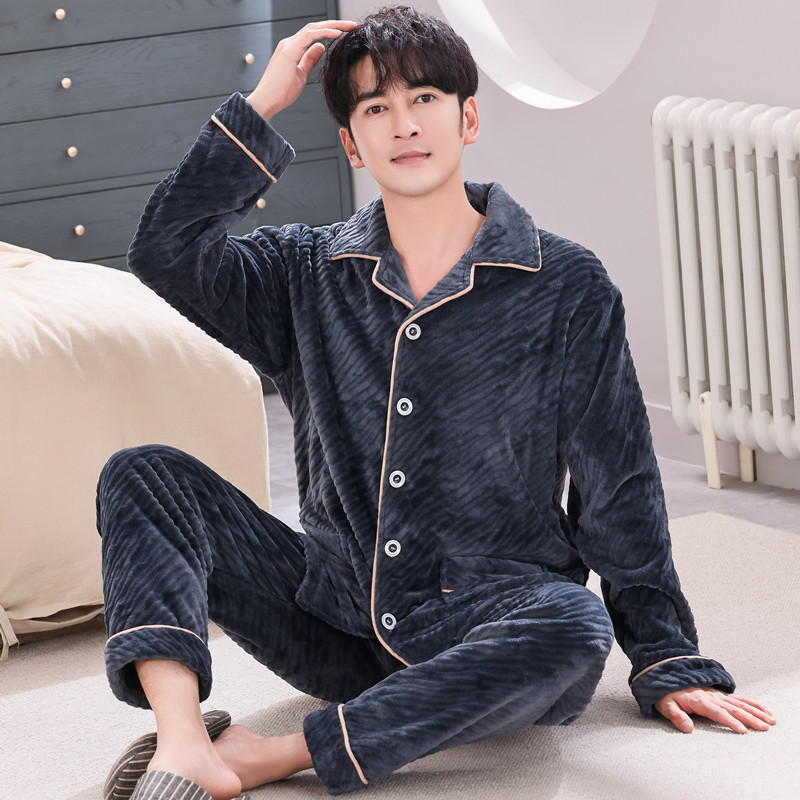 Pijamas de lana de coral coreana para hombres otoño y invierno engrosados franela se pueden usar cardigan de manga larga de invierno conjunto de ropa para el hogar