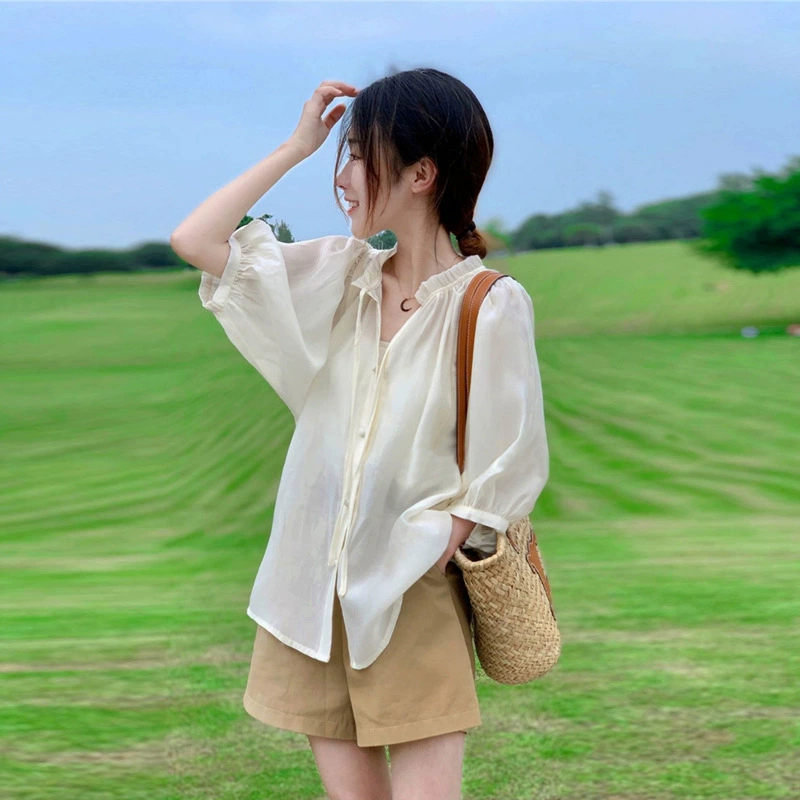 Лето 2023, новые легкие и зрелые высококачественные женские топы в соленом стиле, уменьшающие возраст, слегка толстые, профессиональный костюм-двойка, наряд в чайном стиле