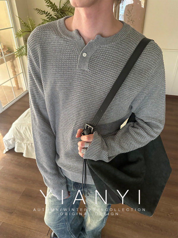 EME 复古老钱华夫格小V领长袖T恤男女秋季松弛慵懒亨利领针织毛衣|undefined