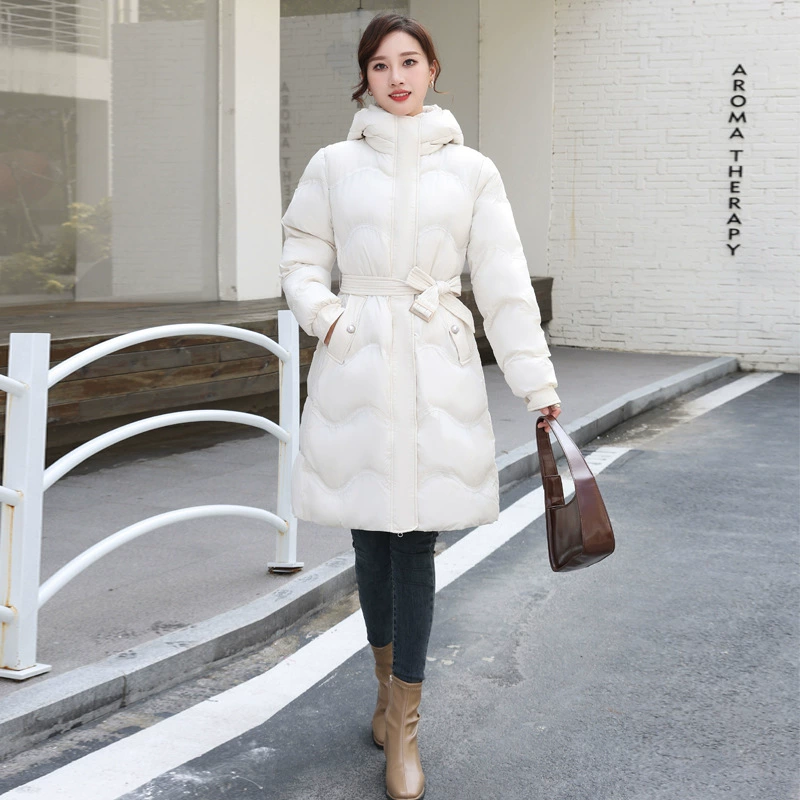 Пуховик с хлопковой подкладкой, женская новая зимняя длинная утолщенная куртка выше колена на хлопковой подкладке, 2023, Корейская приталенная куртка с хлопковой подкладкой, Женское пальто