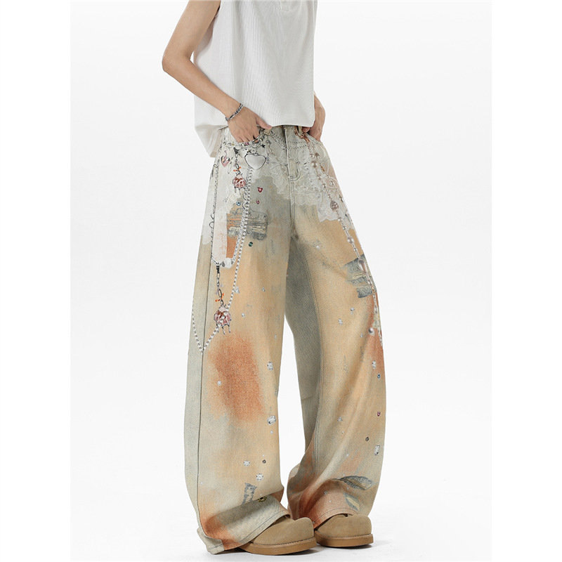 Celebrity-Inspired Chain Hand-Painted Printed Jeans for Men and Women 2025 Summer Design Loose Casual Wide-Leg Pants