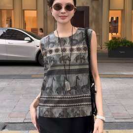 现货 复古印花无袖背心衬衫女2025新款夏季时髦后背纽扣坎肩上衣