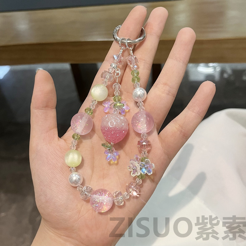 【Purple Cord】Crystal Glass Mobile Phone Chain, Handmade Beaded Phone Lanyard, Fashionable High-End Keychain, Bag Accessory