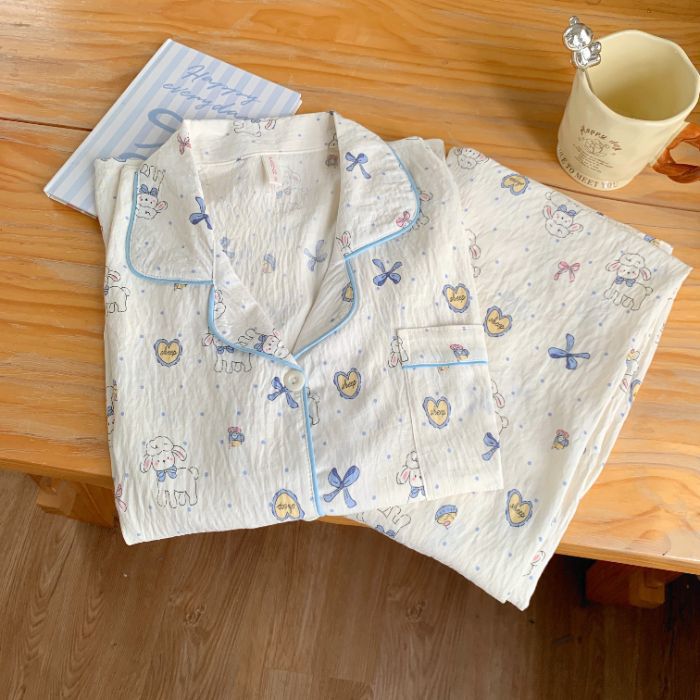Nuevo conjunto de pijamas de algodón nublado transfronterizo de manga larga delgada primavera y otoño de mujeres lindos pantalones de dibujos animados dulces ropa para el hogar