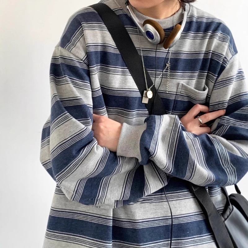 Washed Old Long-sleeved Sea Soul Shirt for Boys and Girls Inner T-shirt Spring and Autumn Crewneck Base Shirt Striped Workwear Sweater Trendy Washed Old Long-sleeved Sea Soul Shirt for Boys and Girls Inner T-shirt Spring and Autumn Crewneck Base Shirt Striped Workwear Sweater Trendy