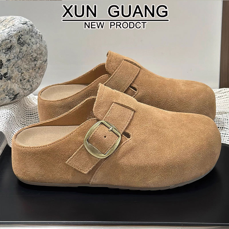 Genuine Leather Birkenstock Shoes Women's Toe-Cap Half Slippers 2025 Autumn and Winter New Outer Wear Versatile Thick-Soled Lazy Slip-On Slippers