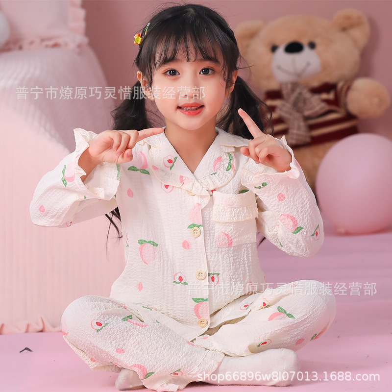 Pijama de niñas primavera y otoño dibujos animados tela espuma de tela delgada manga larga lindo ropa para niños de tamaño medio y grande ropa para el hogar
