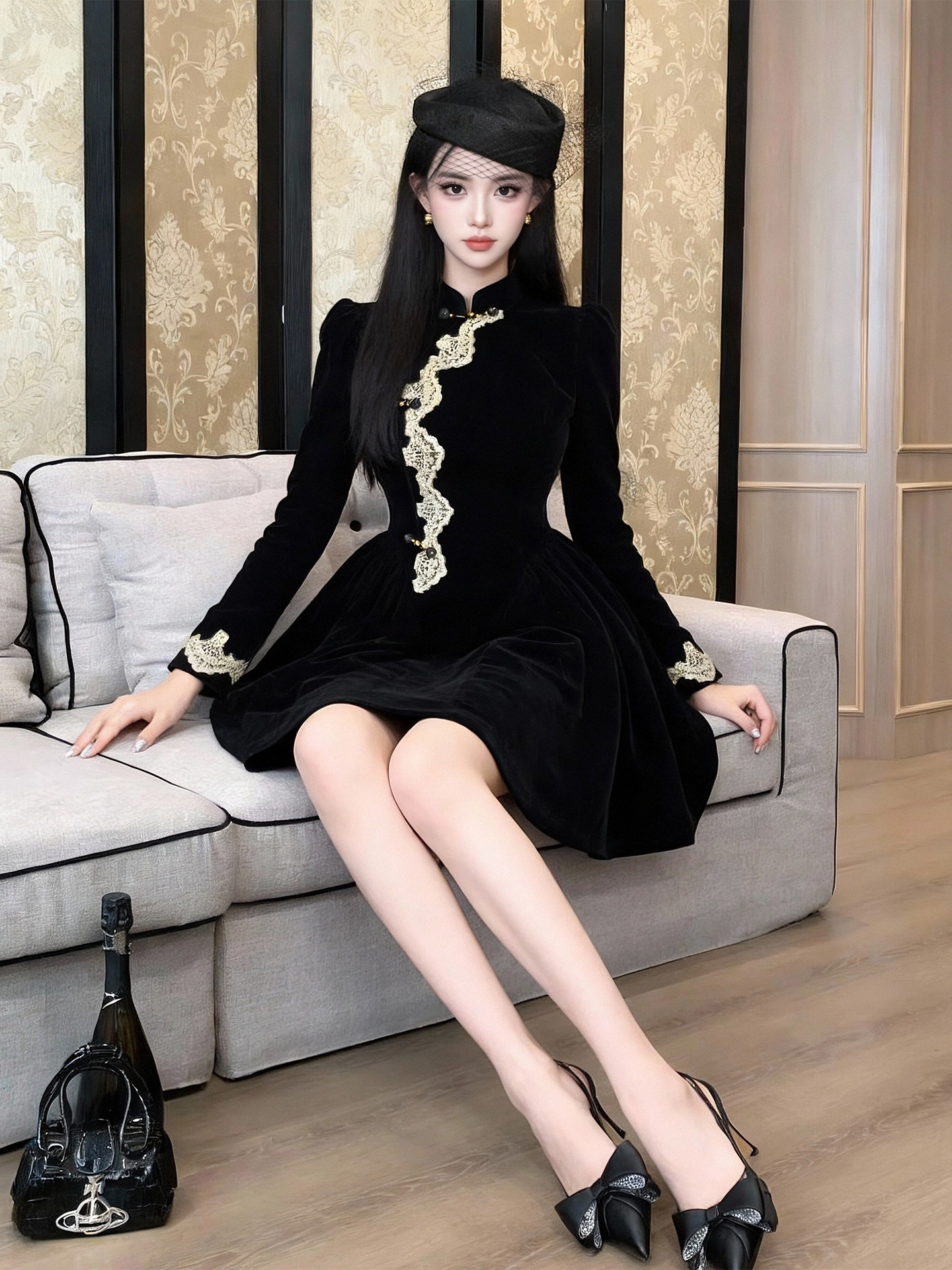 Váy sườn xám cải tiến phong cách Tân Trung Hoa chất nhung dáng suông midi — đen