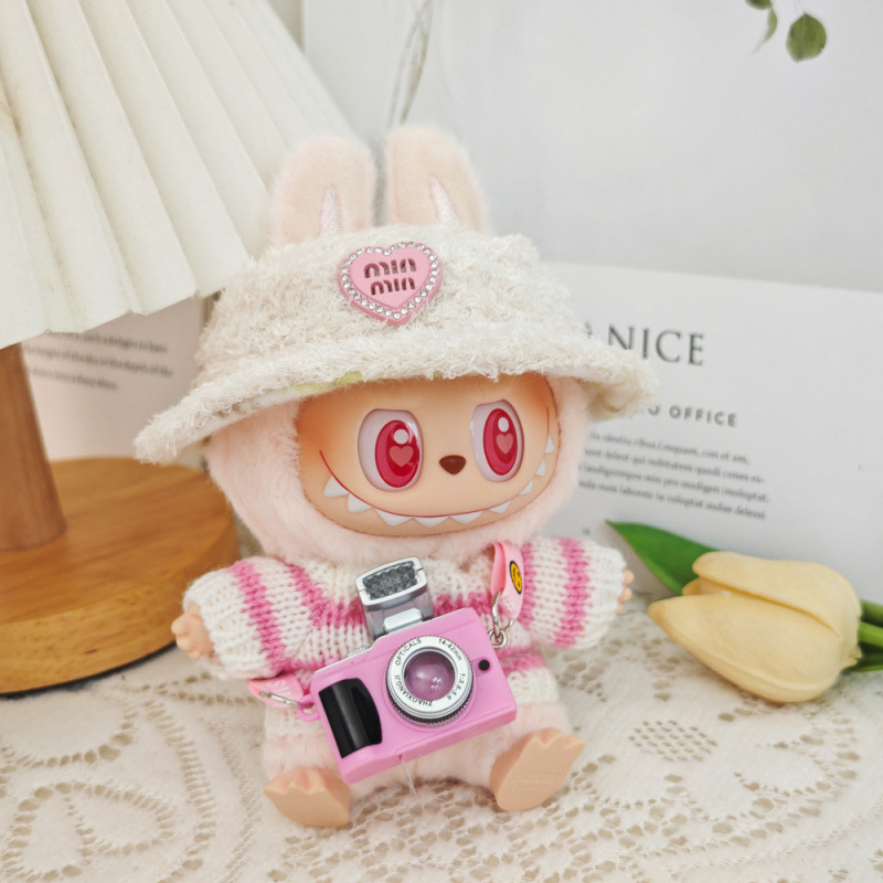17 センチメートルビニールぬいぐるみマカロンラブブ LABUBU ベビー服ピンクのガーゼスカートヘアアクセサリー交換服|undefined