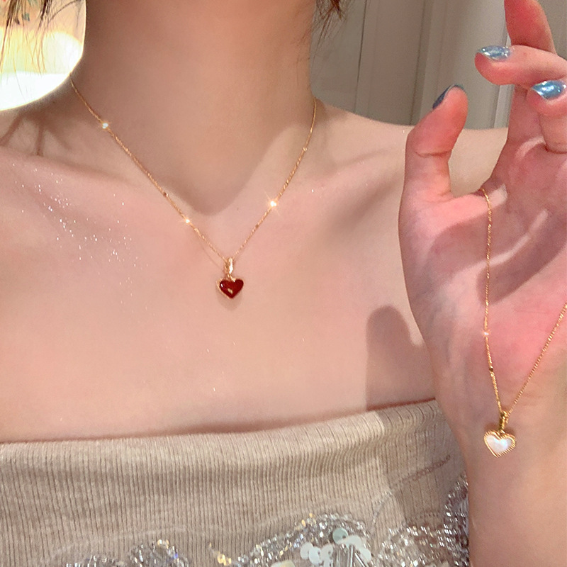 双面贝母红色爱心吊坠项链女气质轻奢精致高级感可拆卸爱心锁骨链|undefined