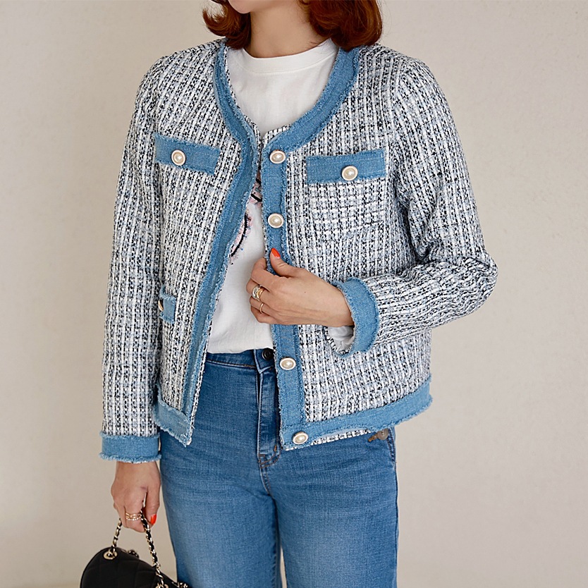 Autumn New Korean Dongdaemun Tweed Pearl Button Plaid Denim Color-Block Long-Sleeve Short Jacket for Women