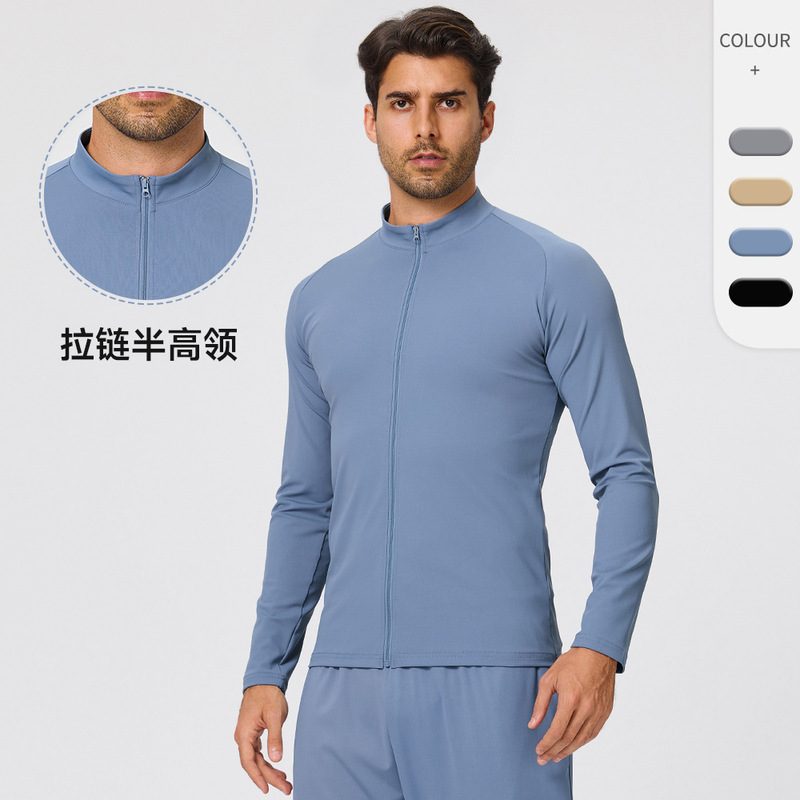 European and American high-elastic men's sports jacket, moisture-wicking, half-high collar, zip-up cardigan, long-sleeve for running and fitness 61616