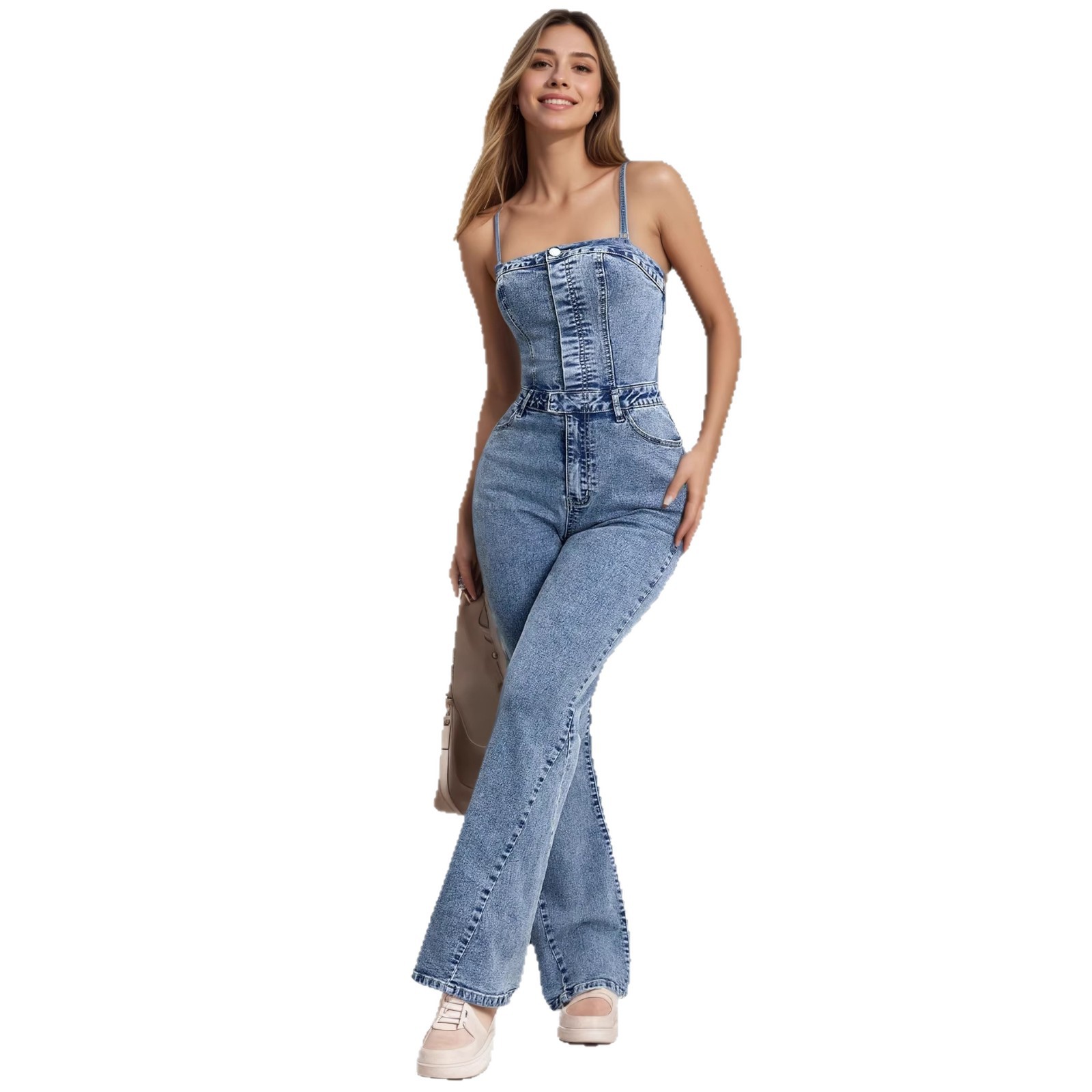 Vintage Denim Jumpsuit For Women - High-Waisted Flared Romper With Stretch, Off-Shoulder Boob Tube Design_ecoleips.com