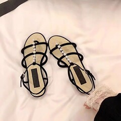 シープスキンバージョン~Xiaoxiangfeng本革パールストラップフラットローマンサンダルレディース夏の妖精スタイルビーチサンダル