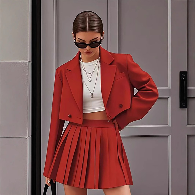 Cross-border New Short Suit Shorts suit Europe and the United States Spring and Summer Double-breasted Short Suit Pleated Short Skirt Pants Two Cross-border New Short Suit Shorts suit Europe and the United States Spring and Summer Double-breasted Short Suit Pleated Short Skirt Pants Two