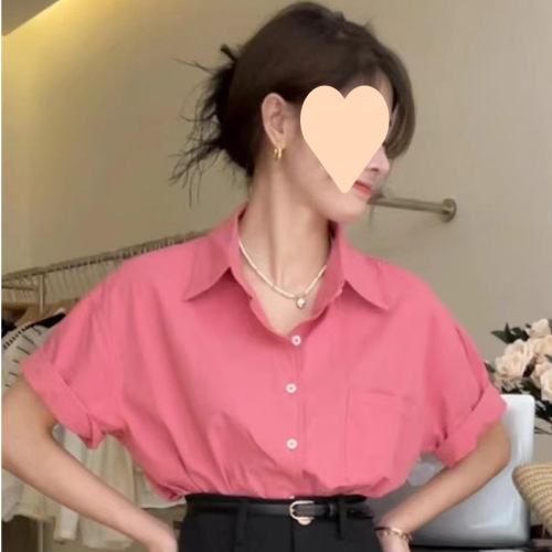 Women's Summer Raspberry Powder Short Sleeve Shirt Loose Chic Youthful Design Small Batch Unique Blouse