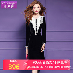 Feimengyi レースブラックゴールドベルベットドレス女性の冬のレトロなウエストデザインニッチボトムスカート