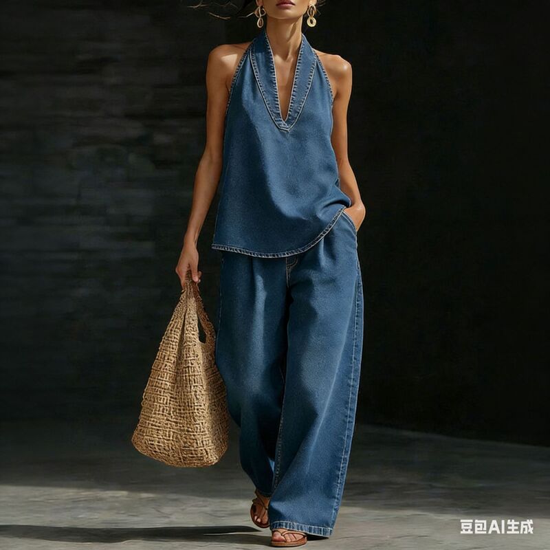 European and American Cross-Border Summer New Vintage Washed Denim Set with a Natural Feel, Popular Straight-Leg Casual Long Pants for Women
