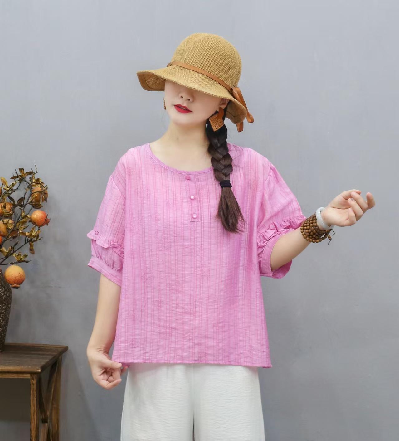 Transfronterizo 2025 primavera y verano nuevo estilo chino de ropa de mujer camiseta estampada mangas de linterna camiseta de mujer collar redondo literatura y arte image 12