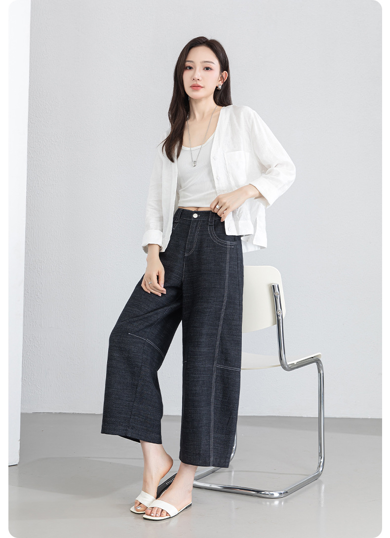 Quần jean nữ ống rộng eo cao vải linen mát mẻ phong cách cổ điển — xanh lam chi tiết 22