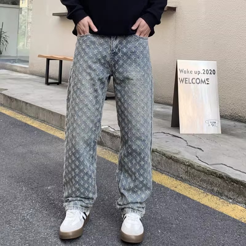 新款潮牌宽松直筒纯蓝色水洗牛仔裤小众国潮设计感提花复古阔腿|undefined