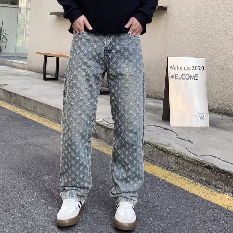 Men's Casual Loose Fit Blue Washed Denim Jeans With Retro Floral Embroidery - Straight Leg Comfortable Trousers For Everyday Wear_mkmklike.com