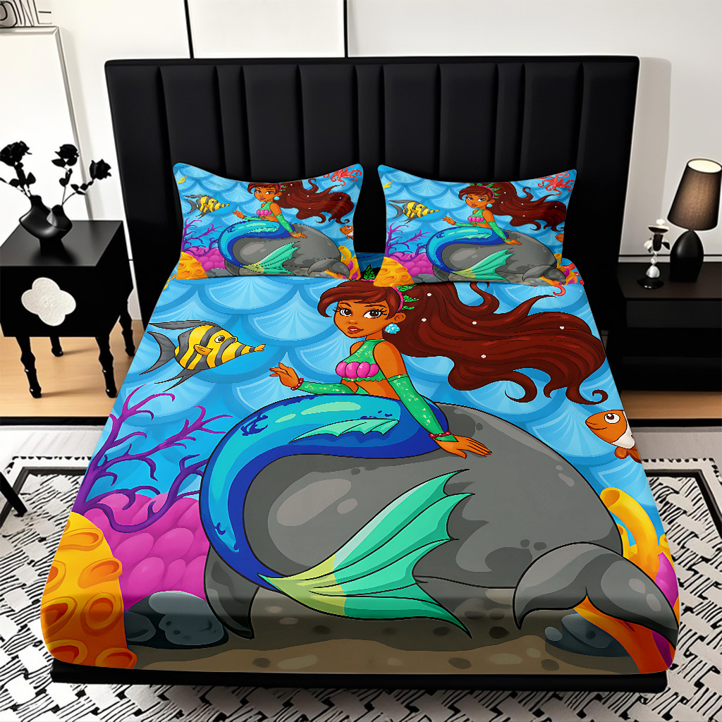 JIT modo Temu 3D impresión de caricatura sirena cama textil casera camisa ropa de cama tres piezas set transfronterizo mayorista