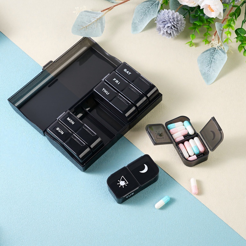 新款14格药盒大容量药丸分装盒7天一周早晚便携防潮药丸收纳盒