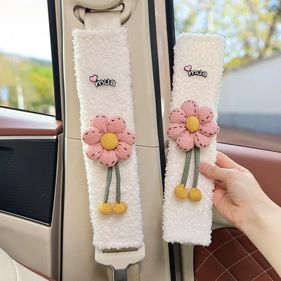 Design for Women, Made of Lamb | Seat belt shoulder pad - pink-waffle-sunflower-white-lambswool-shoulder-pads-30cm-pair
