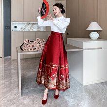 新中式国风汉服马面裙女春季2024年新款复古旗袍式红色半身裙套装
