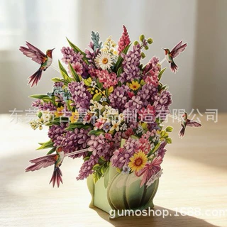 源头工厂跨境立体花束贺卡蜂鸟鲜花3D弹出贺卡感恩节立体贺卡
