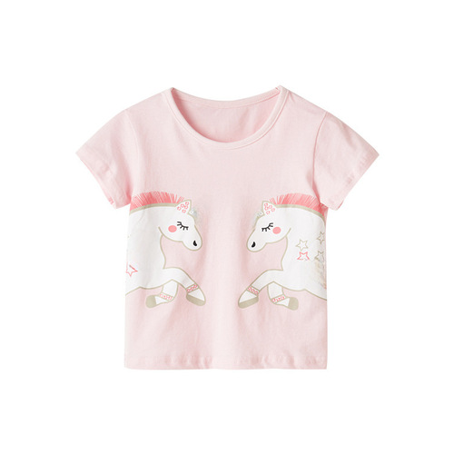 Children's European and American Pure Cotton T-shirt 2024 for Girls and Kids - Summer Round Neck Short Sleeve Loose Children's Top - Children's Clothing