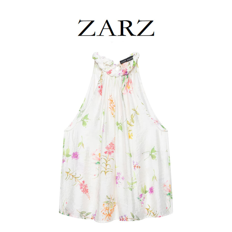 Zarz Self-Made European and American Style New Women's Clothing Versatile Sleeveless Floral Print Twisted Halter Neck Top