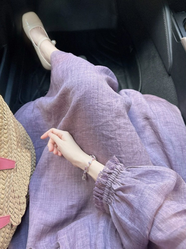 紫色连衣裙女秋2025新款法式复古重工圆领长袖超好看衬衫气质长裙|undefined