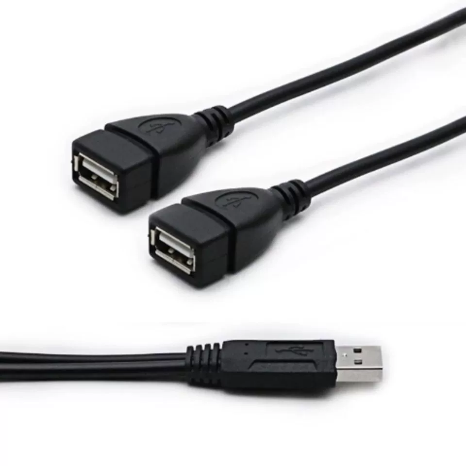 Кабель: от одного источника к двум USB-штекерам, три штекера и два гнезда, один на двоих для передачи данных и включения, удлинительный кабель с двумя USB-гнездами для зарядки