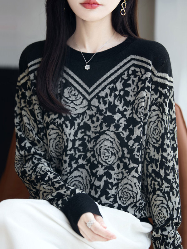 【厂家直供】秋季新款圆领长袖针织毛衣女士拼色提花减龄打底上衣|undefined