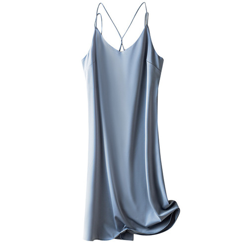 Silk Satin Straps Dress 2025 Summer Women's New Slimming V-Neck Simple Elegant Medium-Length Dress