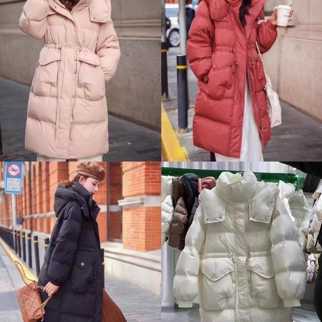 【国货正品】新款连帽过膝收腰手套口袋中长款白鸭绒羽绒服女外套