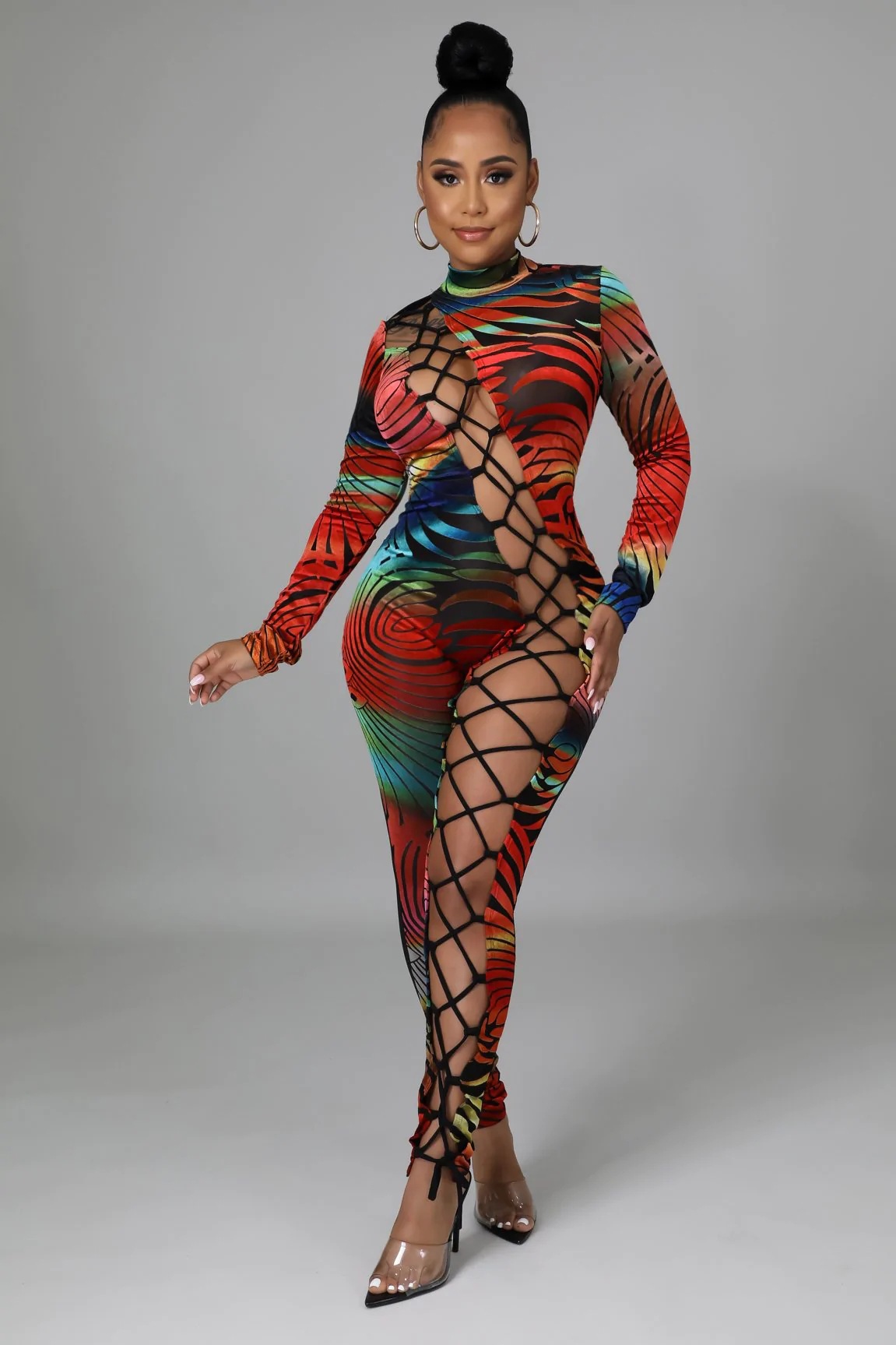 goods in stock Europe and America Foreign trade Women's wear colour printing Frenum Hollow Jumpsuits