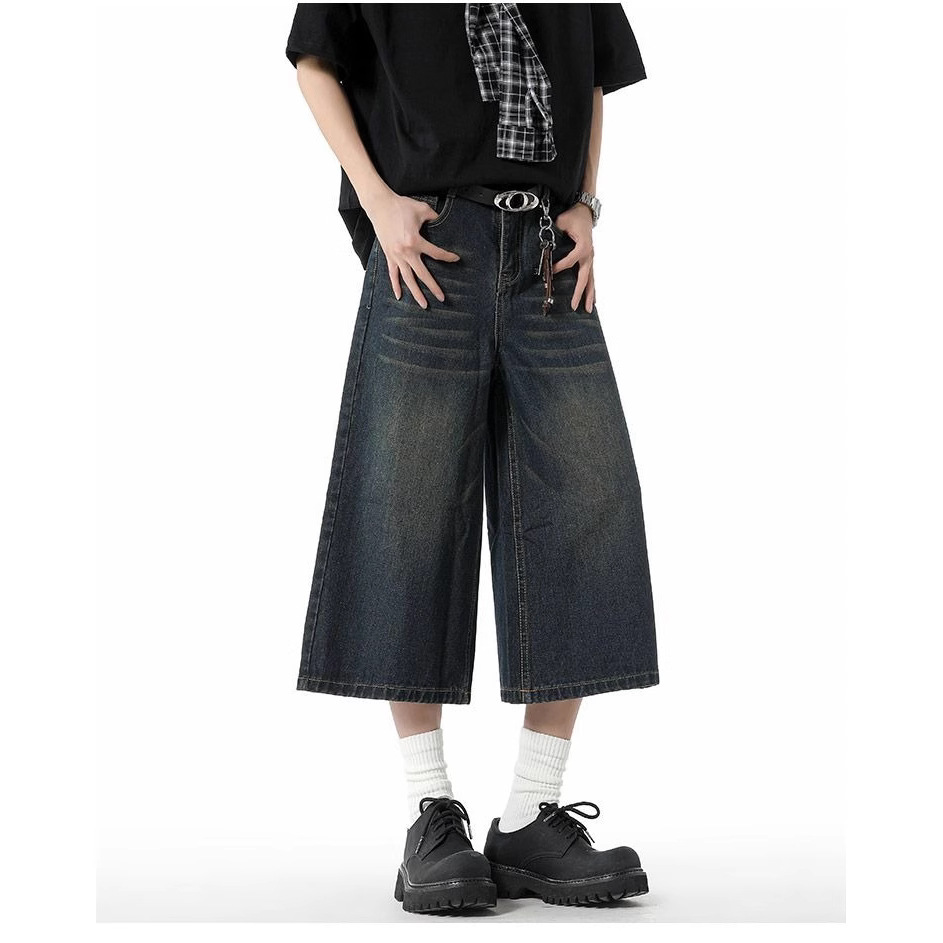 Camisas y ropa, estilo fino de verano americano, spot transfronterizo al por mayor, pantalones de mezclilla recortados holgados de pierna ancha lavados retro