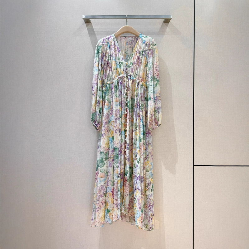 2025 New Product Adopts Imperial High-Waist Drawstring Waist Design Mid-Length Sleeve Long Dress Silk Fabric