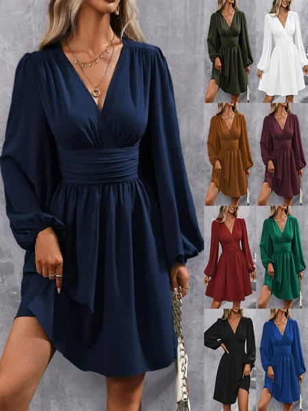 Autumn and winter new diagonal collar lantern sleeve pleated waist dress