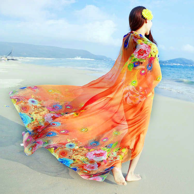 [Three sizes]Korean Edition Super large Silk scarf Sunscreen Chiffon Versatile dance Spring printing Shawl scarf
