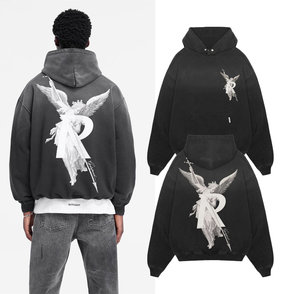 Marca de moda transfronteriza represente arcángel R letra estampado lavado y viejo suéter holgado con capucha para hombre retro