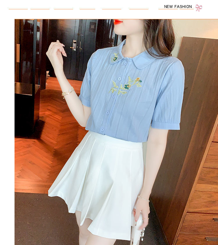 夏装2024年新款时尚纯棉衬衣女洋气全棉短袖气质女士衬衫刺绣上衣详情23