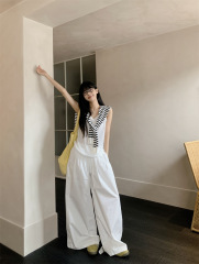 白ノースリーブベストレディースストライプストールトップス夏スーツカジュアルゆるいパンツワイド脚ロングパンツ3点セット